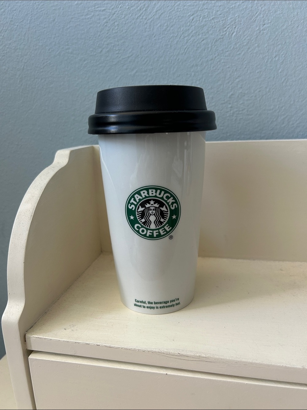 Starbucks White Ceramic Tumbler with Black Lid and Green Logo